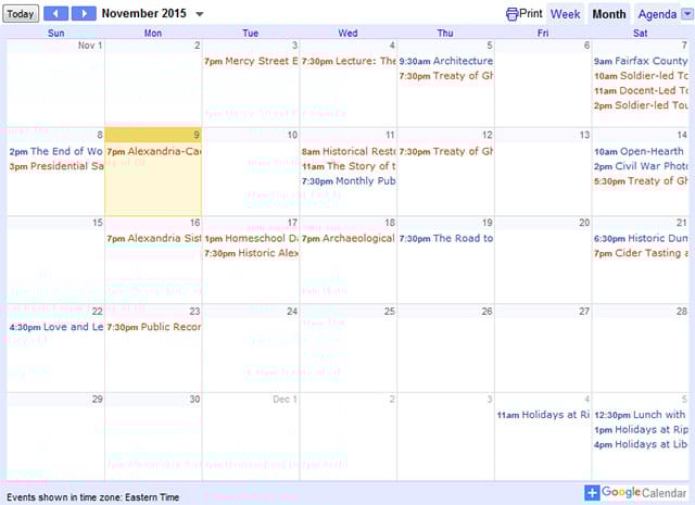 Calendar of events